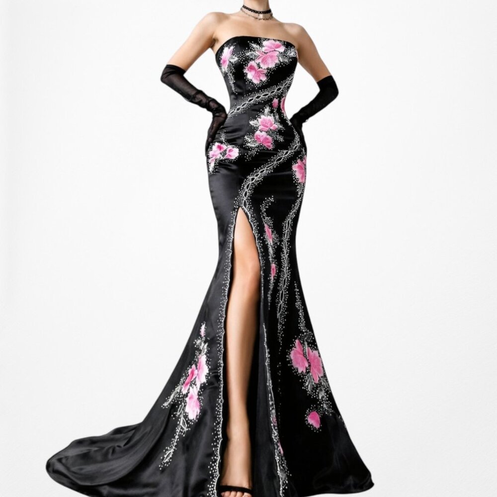 Vintage Y2K Black Pink Strapless Floral Beaded Satin Maxi Prom Dress Size S/M